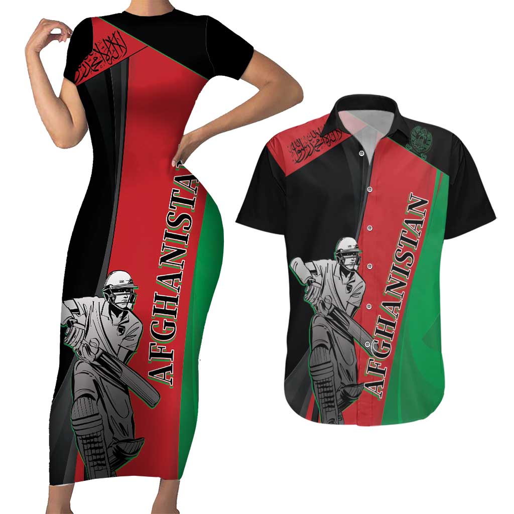 Custom Afghanistan Cricket Couples Matching Short Sleeve Bodycon Dress and Hawaiian Shirt Sporty Version