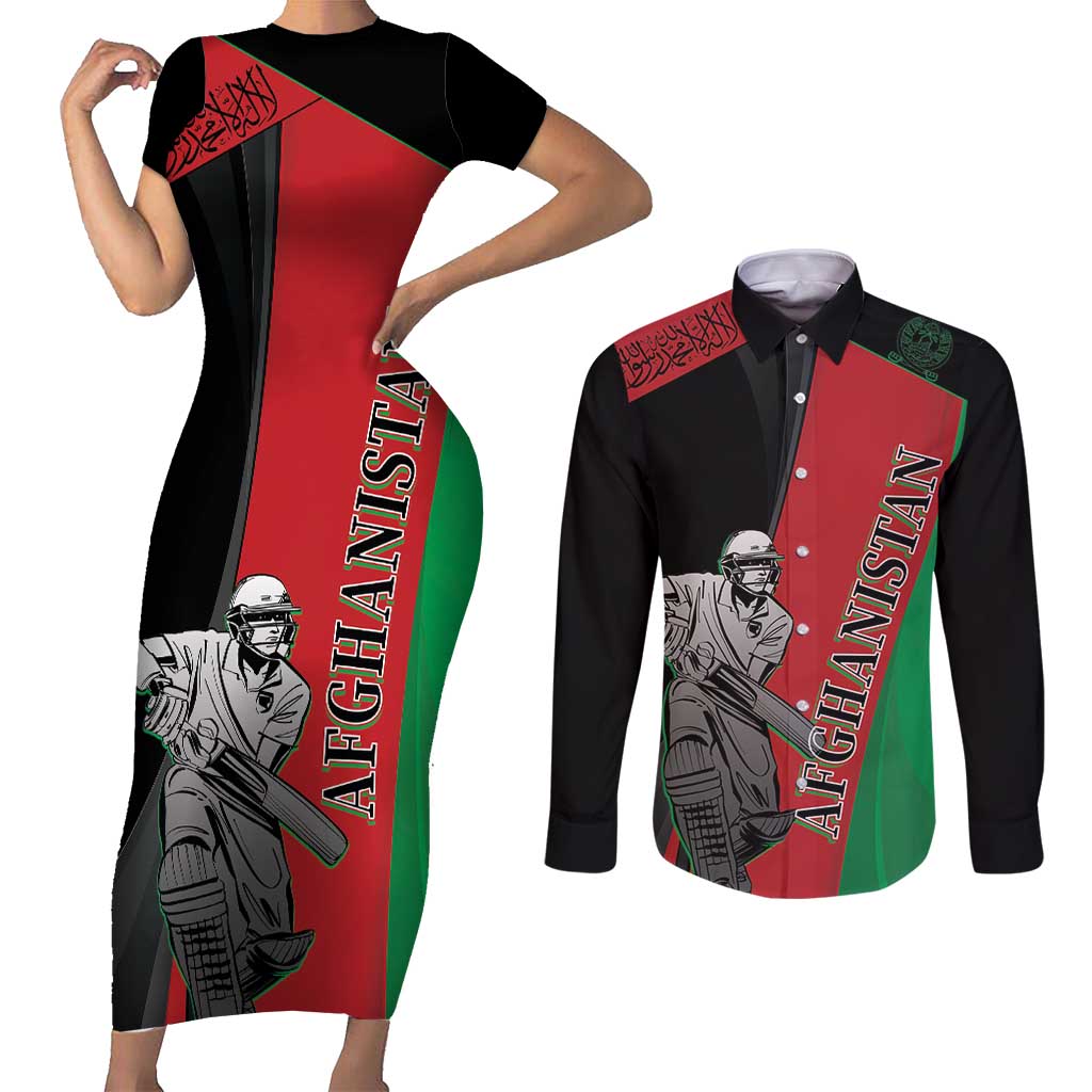 Custom Afghanistan Cricket Couples Matching Short Sleeve Bodycon Dress and Long Sleeve Button Shirt Sporty Version