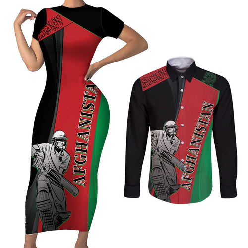 Custom Afghanistan Cricket Couples Matching Short Sleeve Bodycon Dress and Long Sleeve Button Shirt Sporty Version