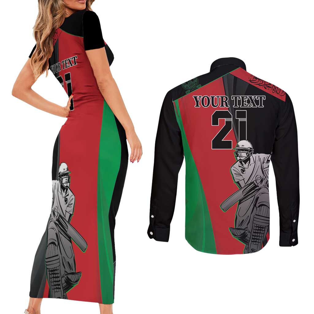 Custom Afghanistan Cricket Couples Matching Short Sleeve Bodycon Dress and Long Sleeve Button Shirt Sporty Version