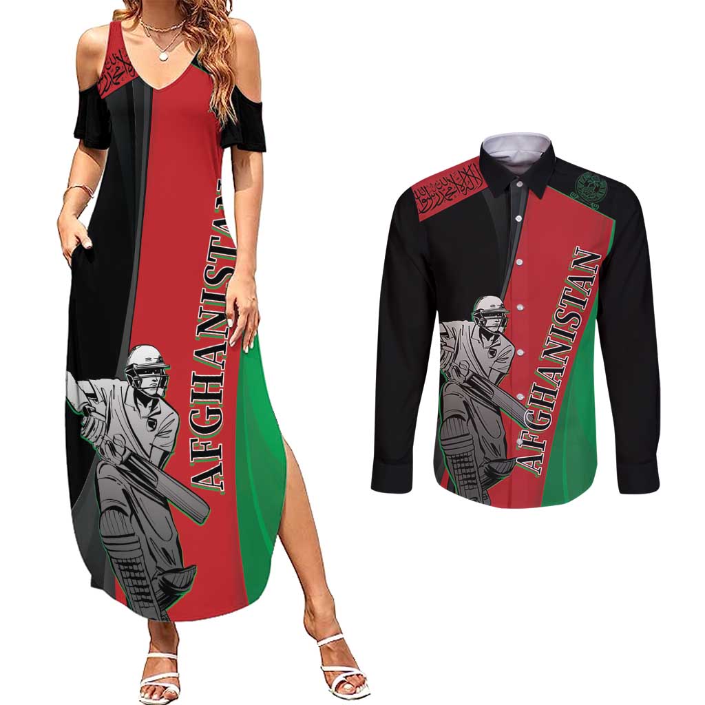 Custom Afghanistan Cricket Couples Matching Summer Maxi Dress and Long Sleeve Button Shirt Sporty Version