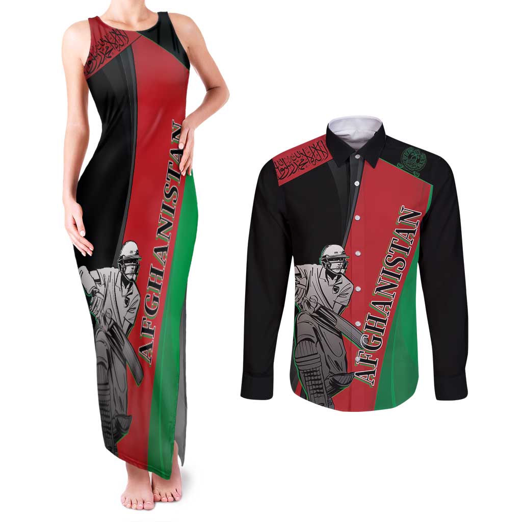 Custom Afghanistan Cricket Couples Matching Tank Maxi Dress and Long Sleeve Button Shirt Sporty Version