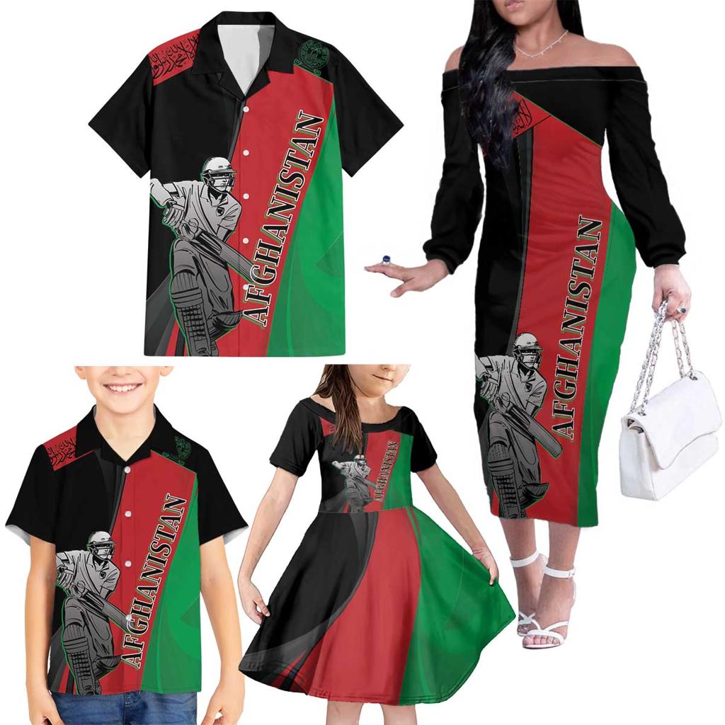Custom Afghanistan Cricket Family Matching Off The Shoulder Long Sleeve Dress and Hawaiian Shirt Sporty Version