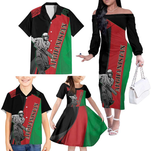 Custom Afghanistan Cricket Family Matching Off The Shoulder Long Sleeve Dress and Hawaiian Shirt Sporty Version