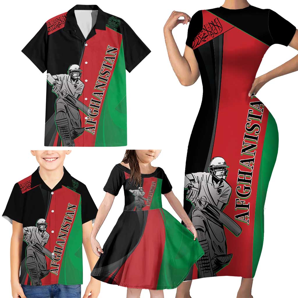 Custom Afghanistan Cricket Family Matching Short Sleeve Bodycon Dress and Hawaiian Shirt Sporty Version