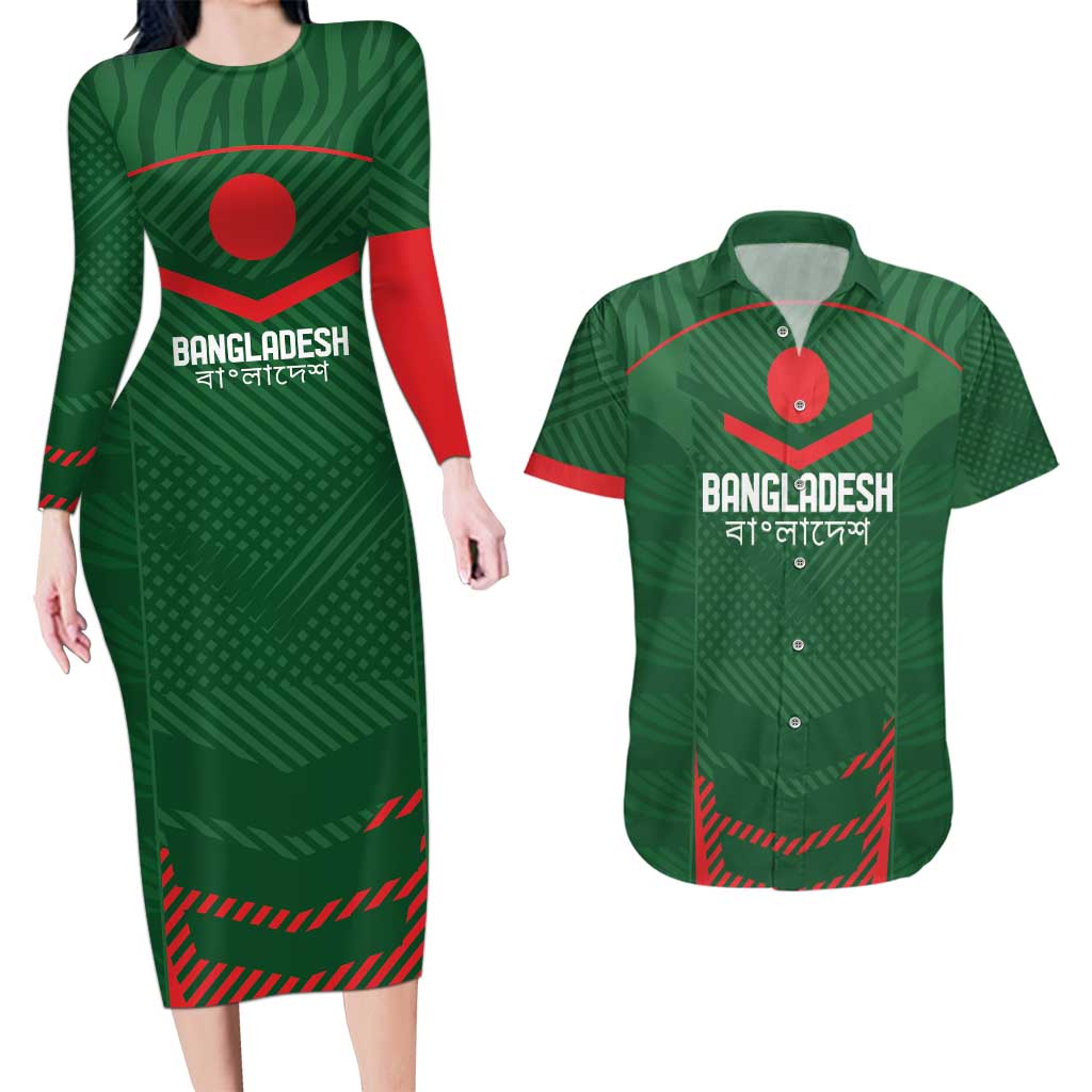 Custom Bangladesh Cricket Couples Matching Long Sleeve Bodycon Dress and Hawaiian Shirt Go Tigers Sporty Version
