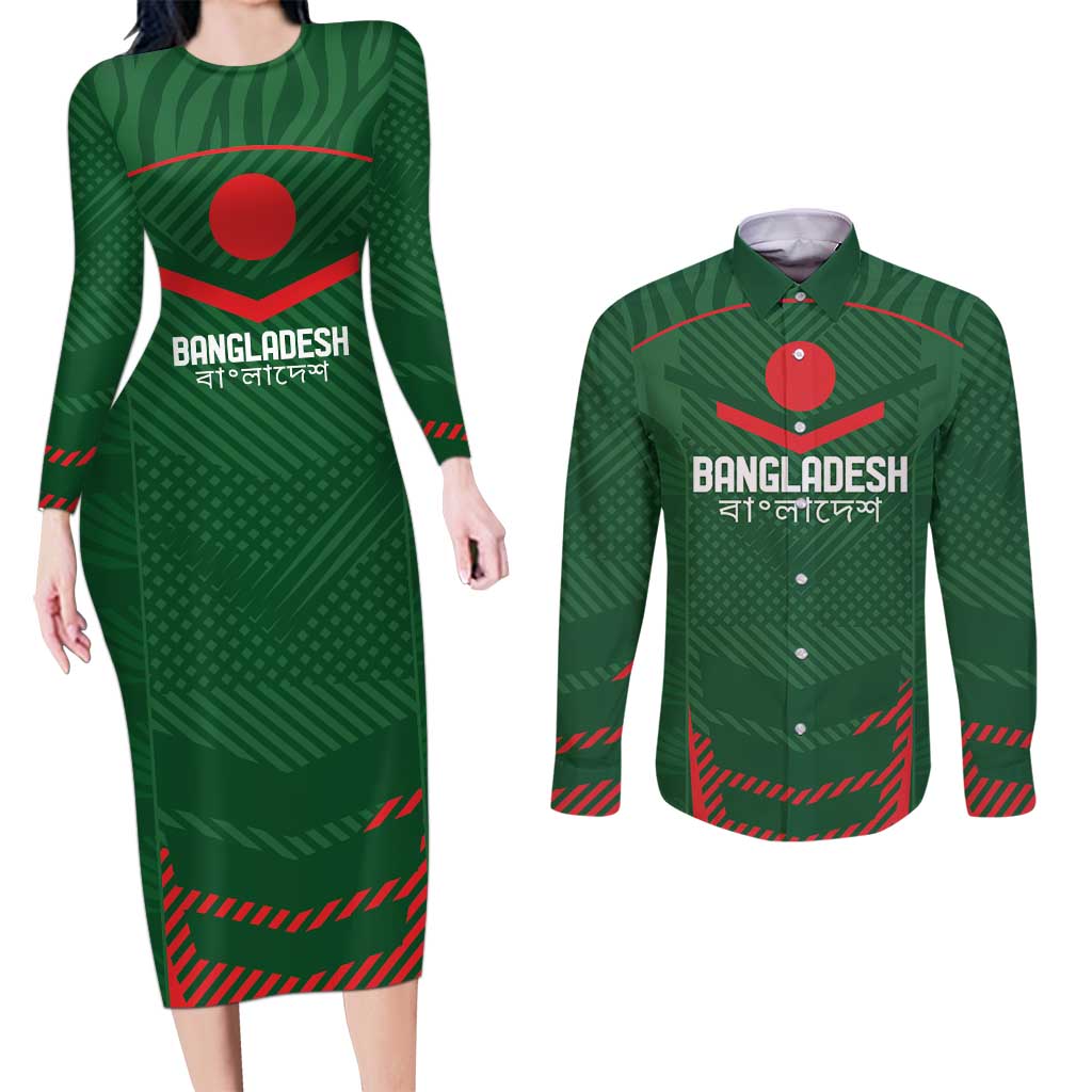 Custom Bangladesh Cricket Couples Matching Long Sleeve Bodycon Dress and Long Sleeve Button Shirt Go Tigers Sporty Version