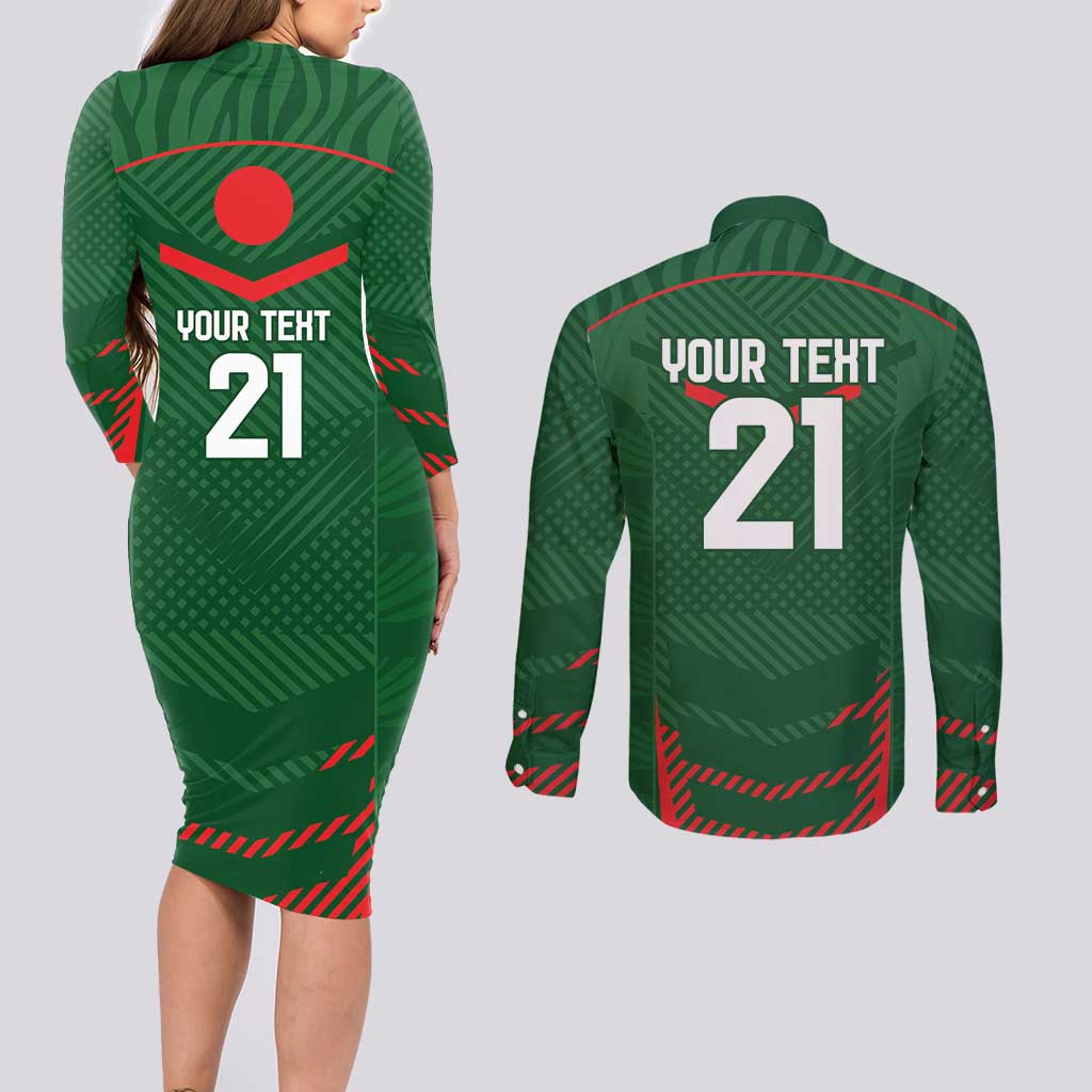 Custom Bangladesh Cricket Couples Matching Long Sleeve Bodycon Dress and Long Sleeve Button Shirt Go Tigers Sporty Version