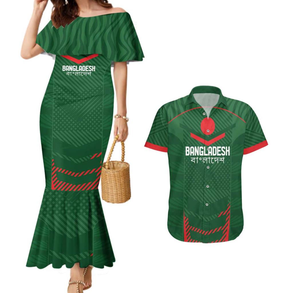 Custom Bangladesh Cricket Couples Matching Mermaid Dress and Hawaiian Shirt Go Tigers Sporty Version