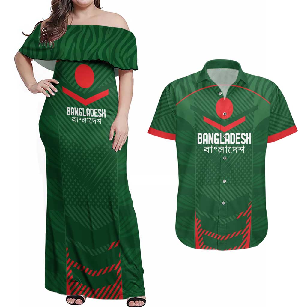 Custom Bangladesh Cricket Couples Matching Off Shoulder Maxi Dress and Hawaiian Shirt Go Tigers Sporty Version