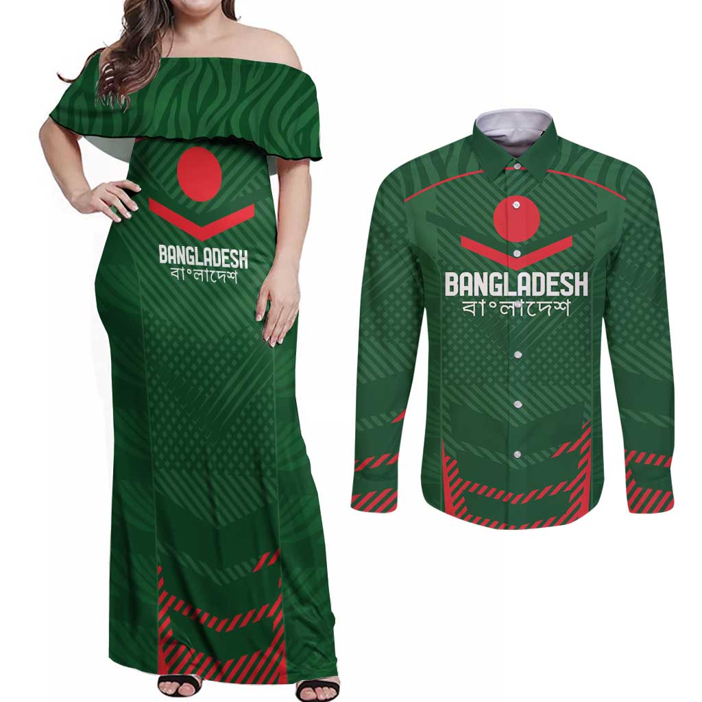 Custom Bangladesh Cricket Couples Matching Off Shoulder Maxi Dress and Long Sleeve Button Shirt Go Tigers Sporty Version