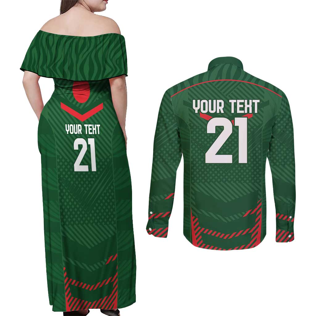 Custom Bangladesh Cricket Couples Matching Off Shoulder Maxi Dress and Long Sleeve Button Shirt Go Tigers Sporty Version