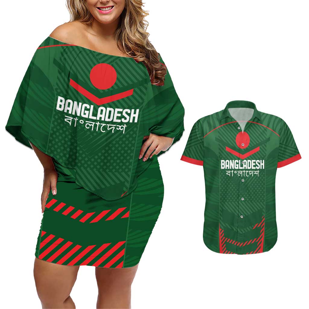 Custom Bangladesh Cricket Couples Matching Off Shoulder Short Dress and Hawaiian Shirt Go Tigers Sporty Version