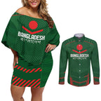 Custom Bangladesh Cricket Couples Matching Off Shoulder Short Dress and Long Sleeve Button Shirt Go Tigers Sporty Version