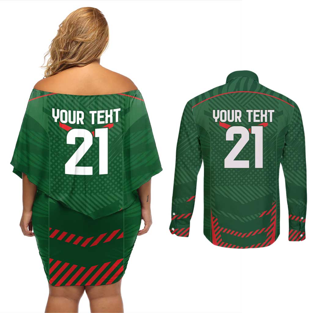 Custom Bangladesh Cricket Couples Matching Off Shoulder Short Dress and Long Sleeve Button Shirt Go Tigers Sporty Version