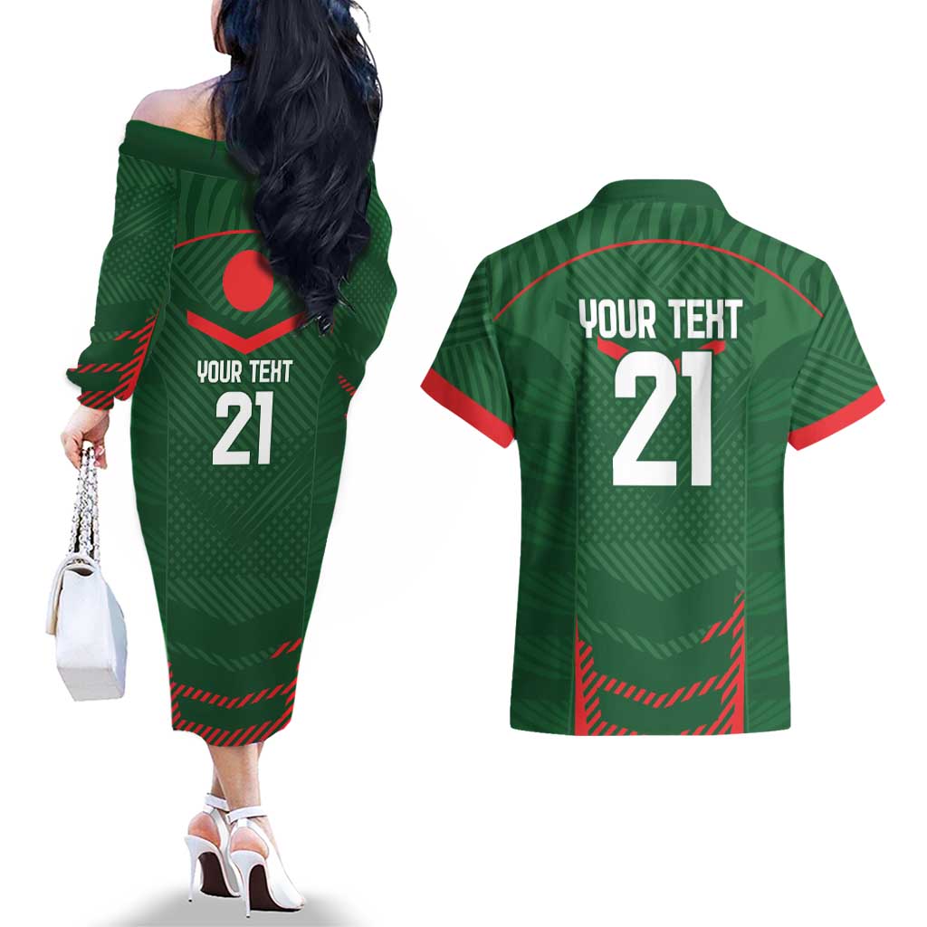 Custom Bangladesh Cricket Couples Matching Off The Shoulder Long Sleeve Dress and Hawaiian Shirt Go Tigers Sporty Version