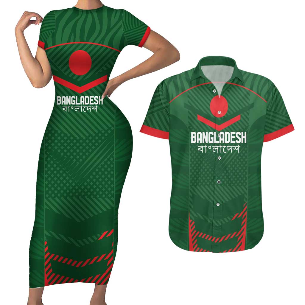 Custom Bangladesh Cricket Couples Matching Short Sleeve Bodycon Dress and Hawaiian Shirt Go Tigers Sporty Version