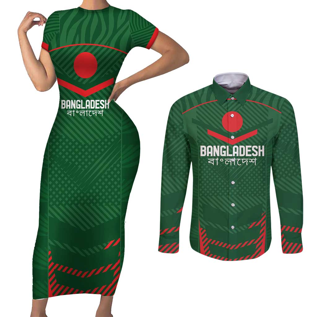 Custom Bangladesh Cricket Couples Matching Short Sleeve Bodycon Dress and Long Sleeve Button Shirt Go Tigers Sporty Version