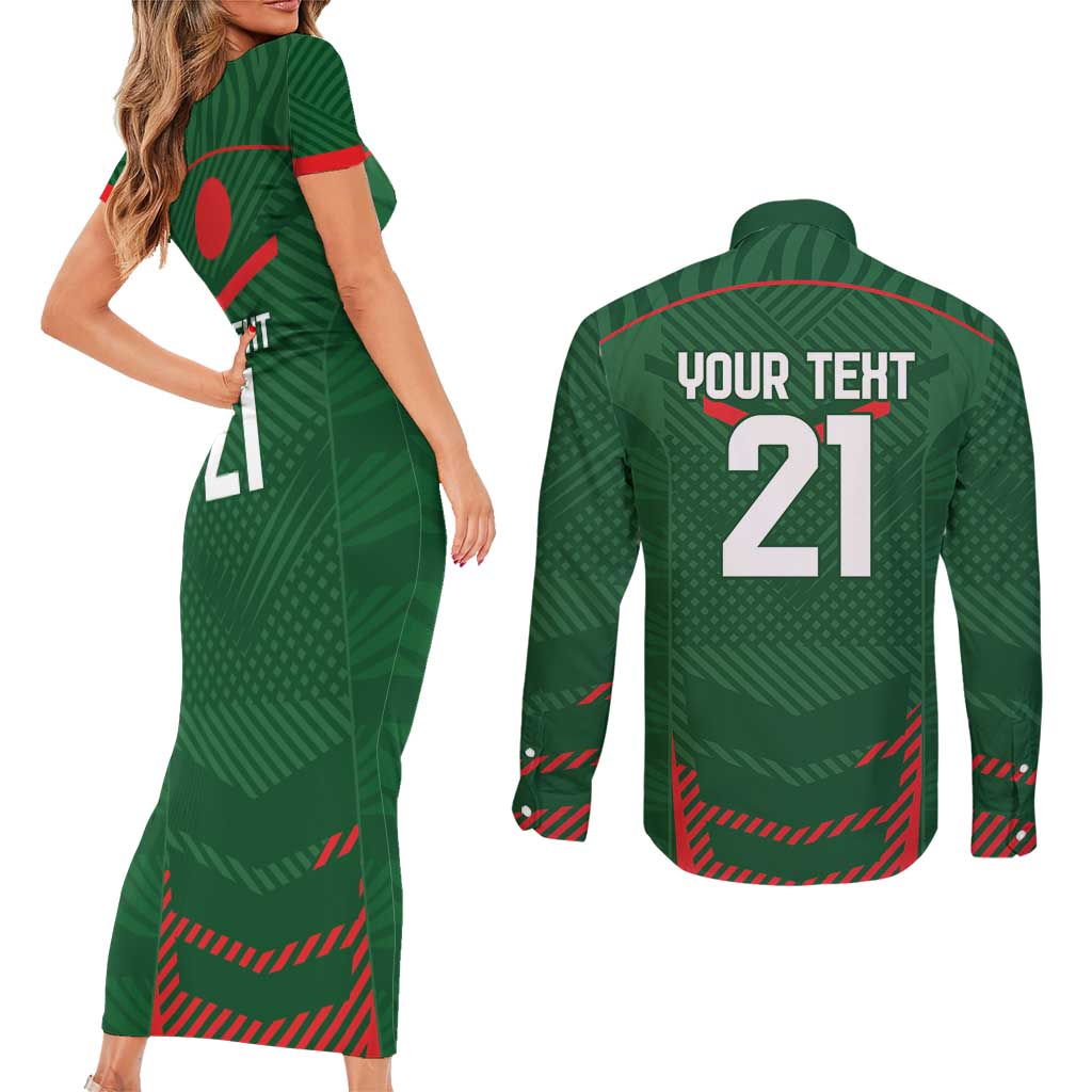 Custom Bangladesh Cricket Couples Matching Short Sleeve Bodycon Dress and Long Sleeve Button Shirt Go Tigers Sporty Version