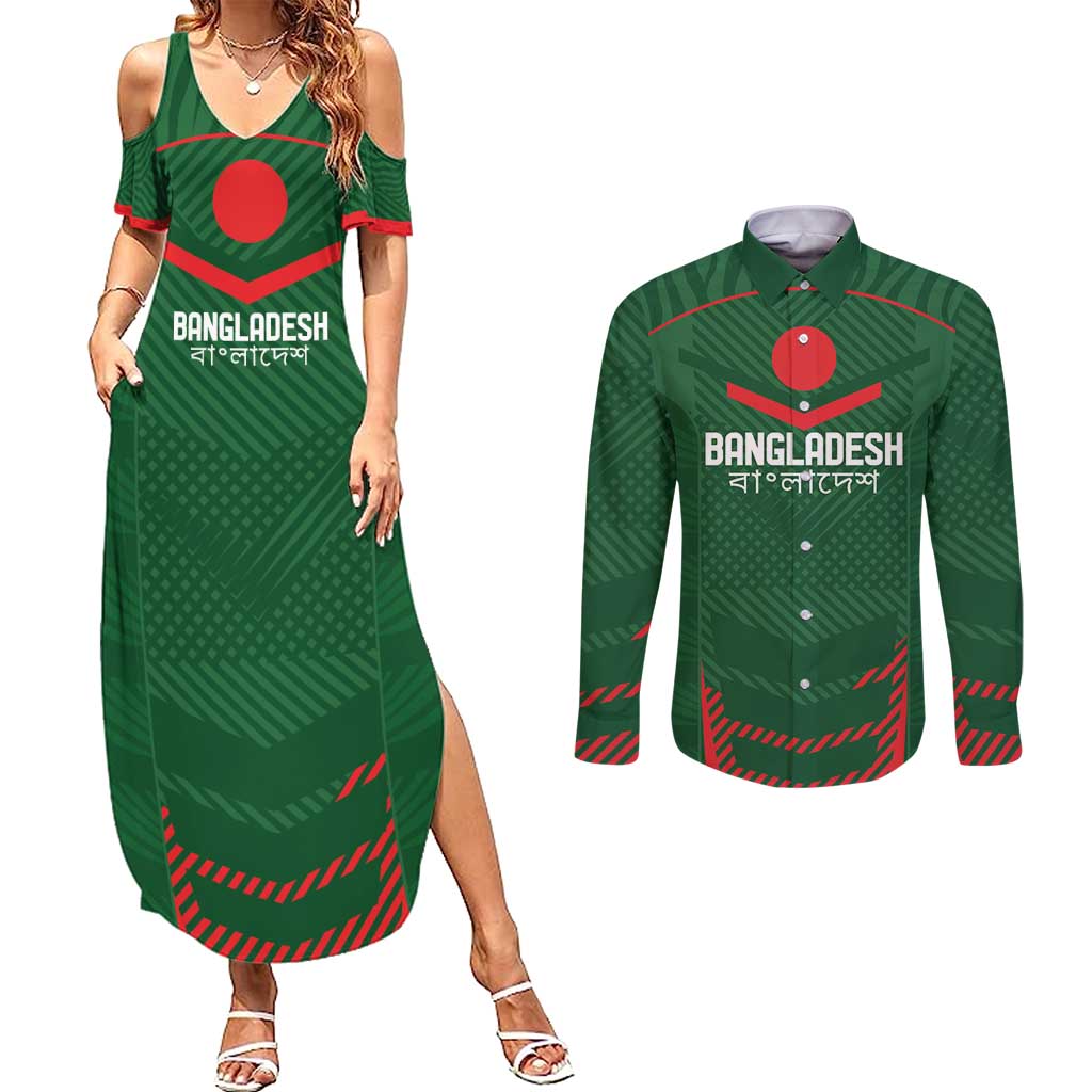 Custom Bangladesh Cricket Couples Matching Summer Maxi Dress and Long Sleeve Button Shirt Go Tigers Sporty Version