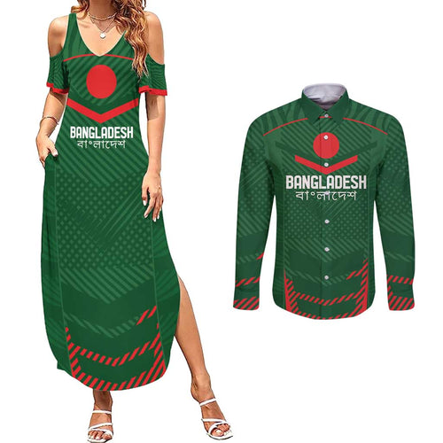 Custom Bangladesh Cricket Couples Matching Summer Maxi Dress and Long Sleeve Button Shirt Go Tigers Sporty Version