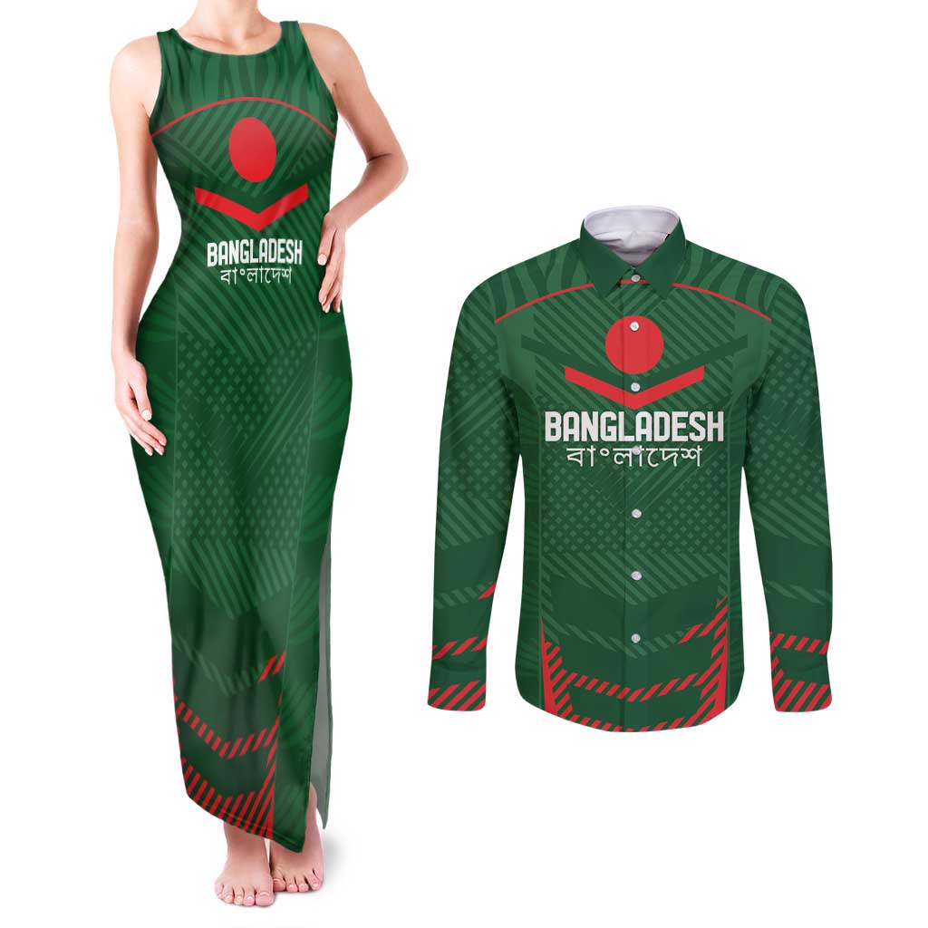 Custom Bangladesh Cricket Couples Matching Tank Maxi Dress and Long Sleeve Button Shirt Go Tigers Sporty Version