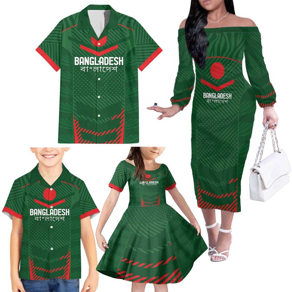 Custom Bangladesh Cricket Family Matching Off The Shoulder Long Sleeve Dress and Hawaiian Shirt Go Tigers Sporty Version