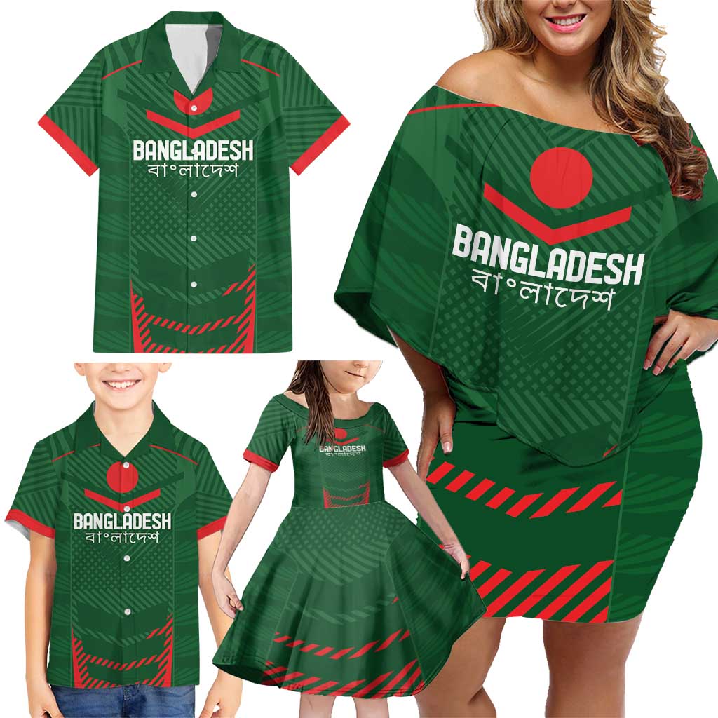 Custom Bangladesh Cricket Family Matching Off Shoulder Short Dress and Hawaiian Shirt Go Tigers Sporty Version