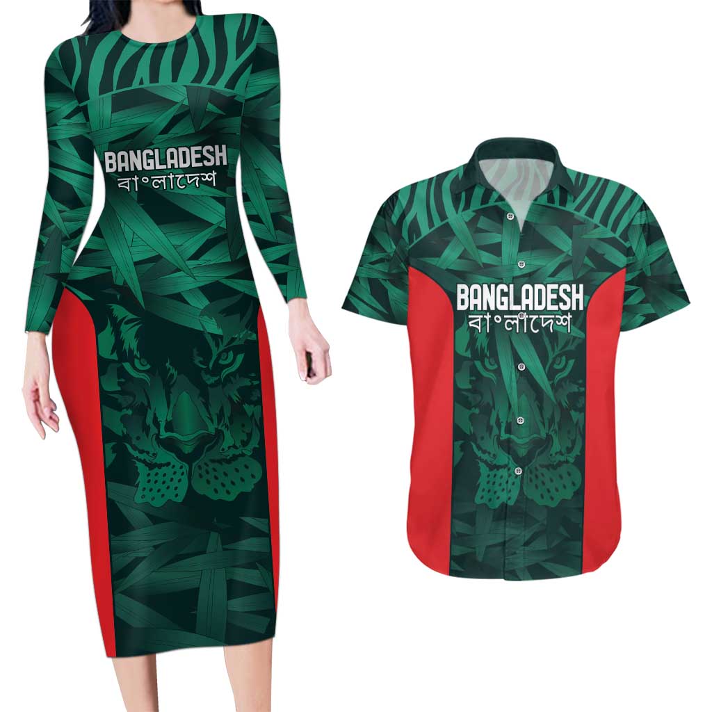 Royal Bengal Tiger Bangladesh Cricket Custom Couples Matching Long Sleeve Bodycon Dress and Hawaiian Shirt The Red and Green Version
