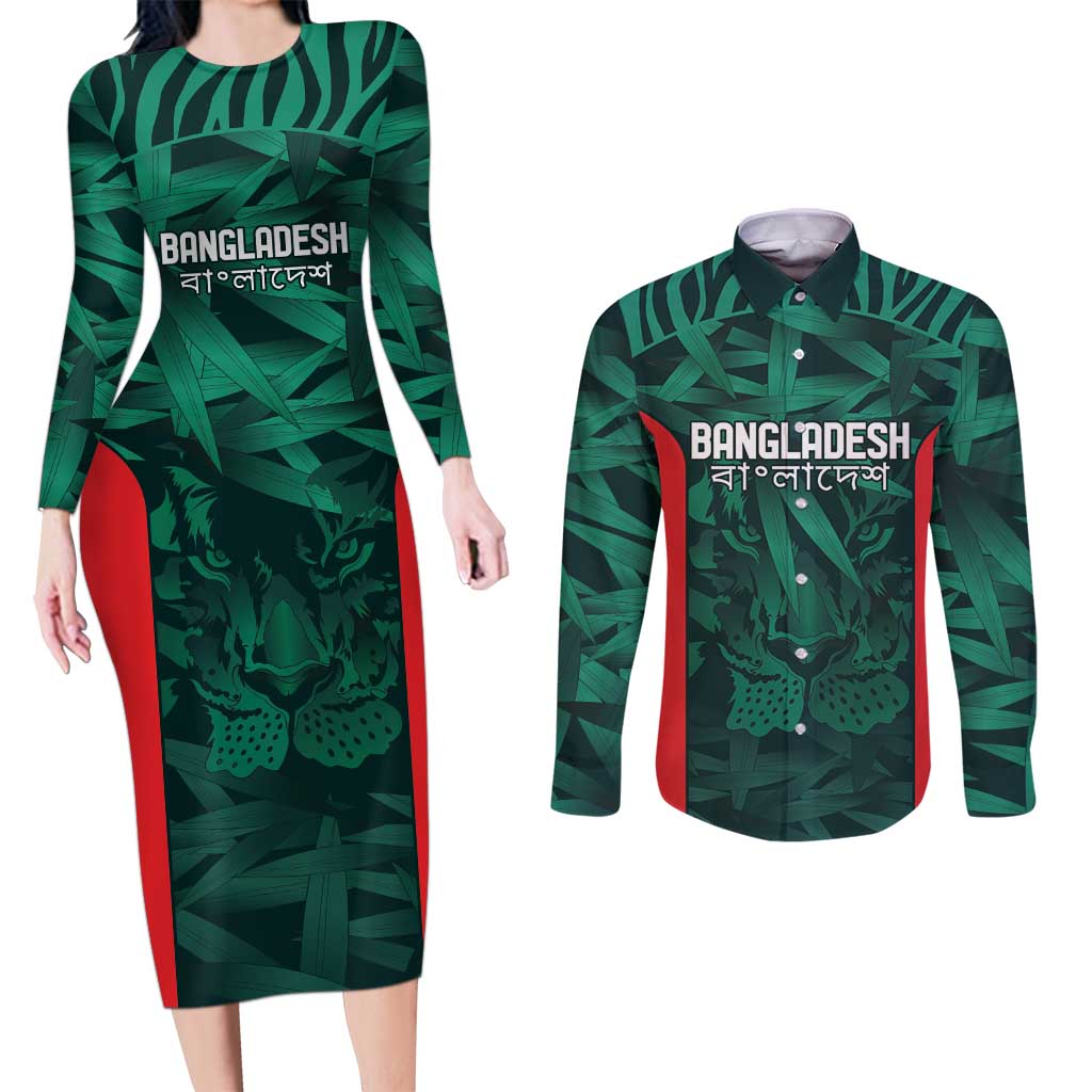 Royal Bengal Tiger Bangladesh Cricket Custom Couples Matching Long Sleeve Bodycon Dress and Long Sleeve Button Shirt The Red and Green Version