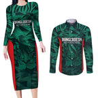 Royal Bengal Tiger Bangladesh Cricket Custom Couples Matching Long Sleeve Bodycon Dress and Long Sleeve Button Shirt The Red and Green Version