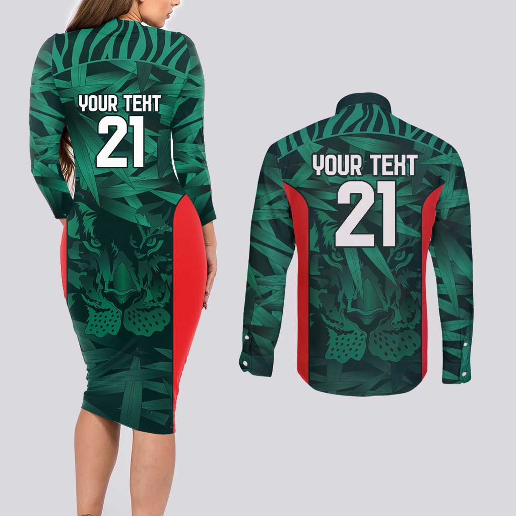 Royal Bengal Tiger Bangladesh Cricket Custom Couples Matching Long Sleeve Bodycon Dress and Long Sleeve Button Shirt The Red and Green Version
