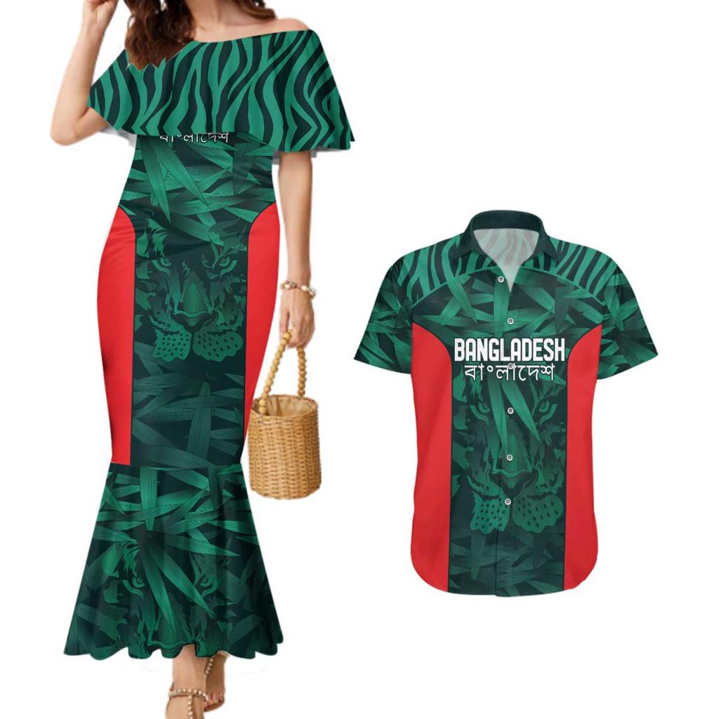 Royal Bengal Tiger Bangladesh Cricket Custom Couples Matching Mermaid Dress and Hawaiian Shirt The Red and Green Version