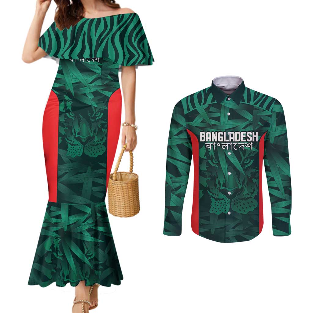 Royal Bengal Tiger Bangladesh Cricket Custom Couples Matching Mermaid Dress and Long Sleeve Button Shirt The Red and Green Version