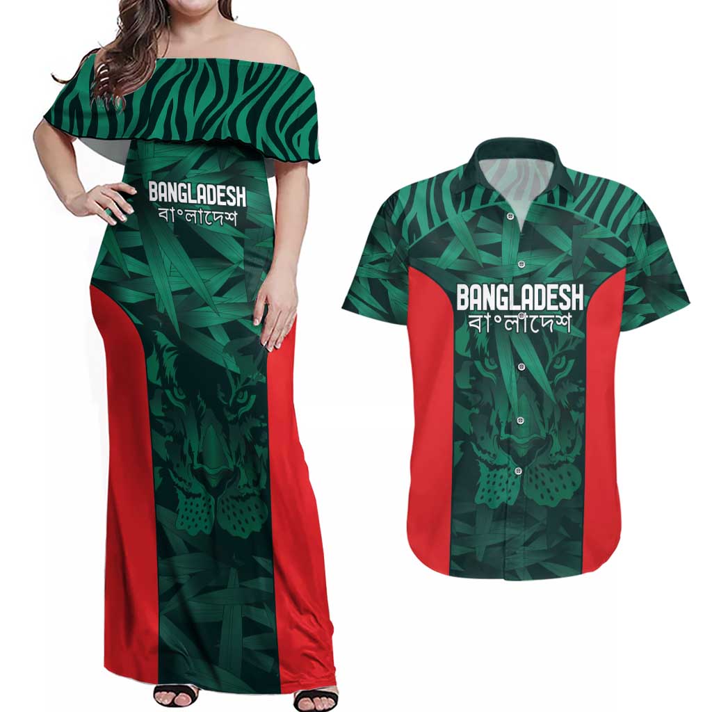 Royal Bengal Tiger Bangladesh Cricket Custom Couples Matching Off Shoulder Maxi Dress and Hawaiian Shirt The Red and Green Version