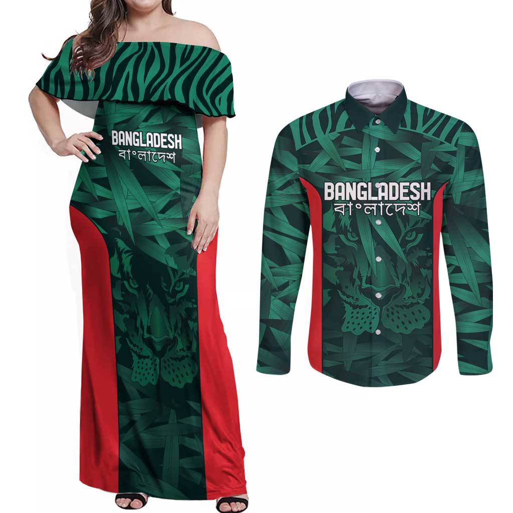 Royal Bengal Tiger Bangladesh Cricket Custom Couples Matching Off Shoulder Maxi Dress and Long Sleeve Button Shirt The Red and Green Version