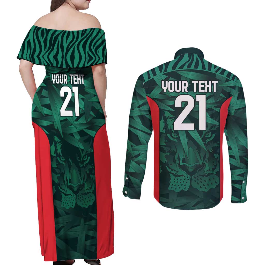 Royal Bengal Tiger Bangladesh Cricket Custom Couples Matching Off Shoulder Maxi Dress and Long Sleeve Button Shirt The Red and Green Version
