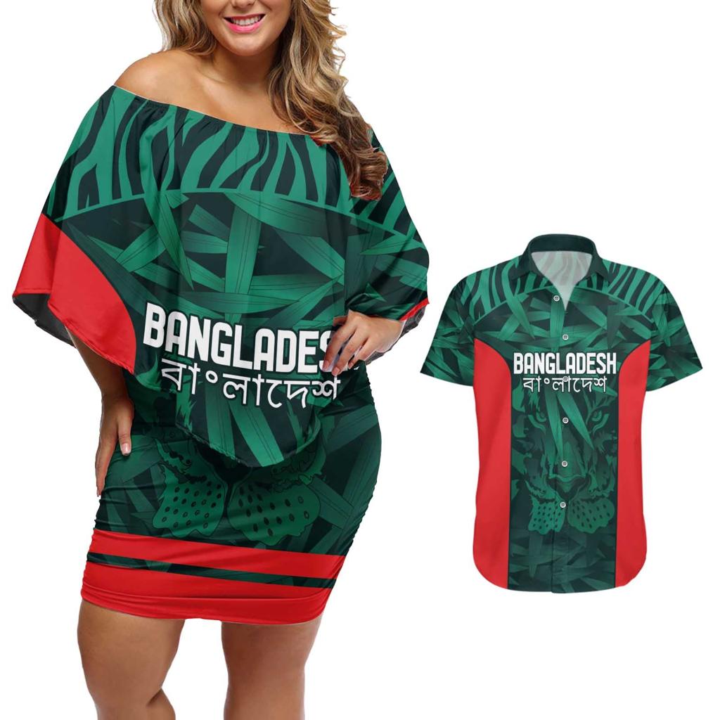 Royal Bengal Tiger Bangladesh Cricket Custom Couples Matching Off Shoulder Short Dress and Hawaiian Shirt The Red and Green Version