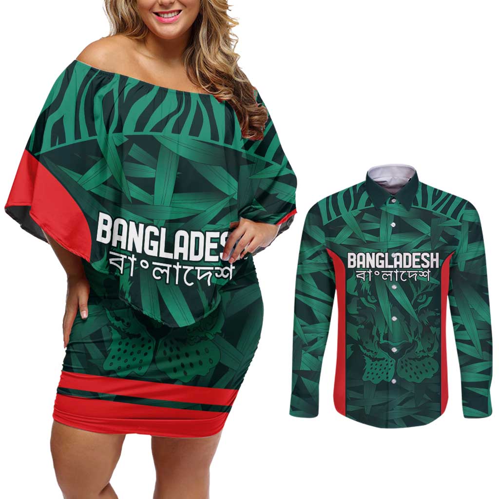 Royal Bengal Tiger Bangladesh Cricket Custom Couples Matching Off Shoulder Short Dress and Long Sleeve Button Shirt The Red and Green Version