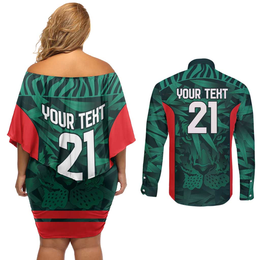 Royal Bengal Tiger Bangladesh Cricket Custom Couples Matching Off Shoulder Short Dress and Long Sleeve Button Shirt The Red and Green Version