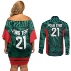 Royal Bengal Tiger Bangladesh Cricket Custom Couples Matching Off Shoulder Short Dress and Long Sleeve Button Shirt The Red and Green Version