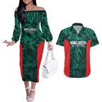 Royal Bengal Tiger Bangladesh Cricket Custom Couples Matching Off The Shoulder Long Sleeve Dress and Hawaiian Shirt The Red and Green Version