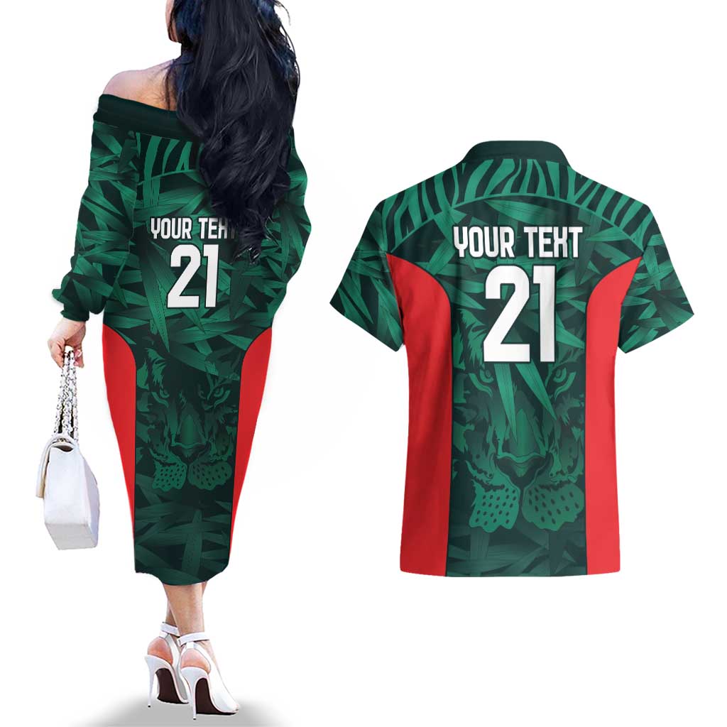 Royal Bengal Tiger Bangladesh Cricket Custom Couples Matching Off The Shoulder Long Sleeve Dress and Hawaiian Shirt The Red and Green Version