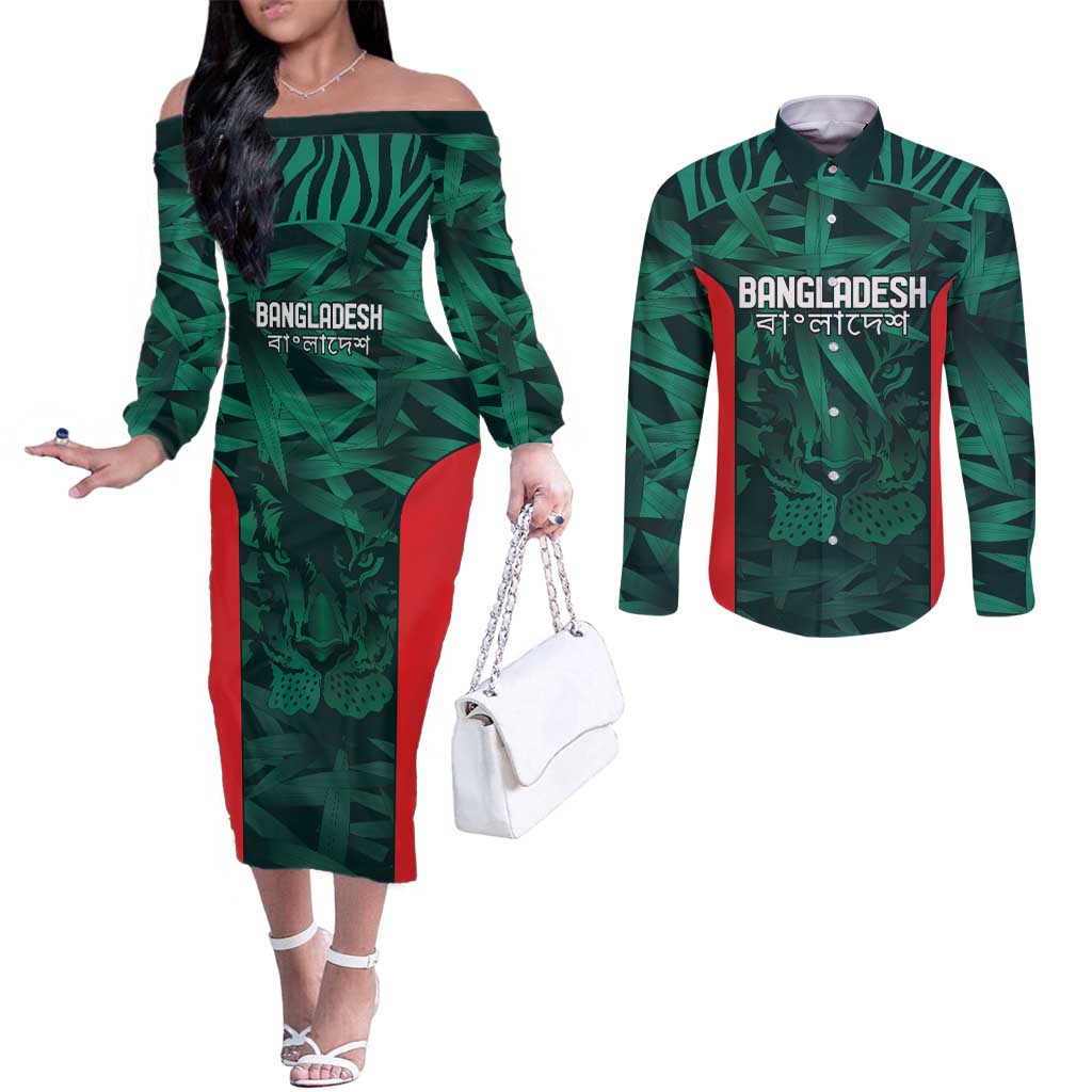Royal Bengal Tiger Bangladesh Cricket Custom Couples Matching Off The Shoulder Long Sleeve Dress and Long Sleeve Button Shirt The Red and Green Version