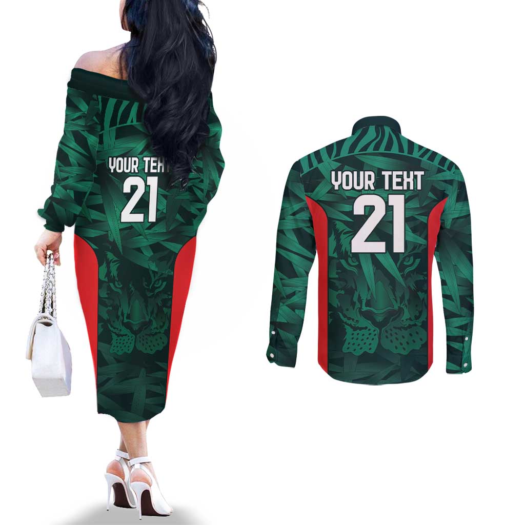 Royal Bengal Tiger Bangladesh Cricket Custom Couples Matching Off The Shoulder Long Sleeve Dress and Long Sleeve Button Shirt The Red and Green Version