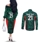 Royal Bengal Tiger Bangladesh Cricket Custom Couples Matching Off The Shoulder Long Sleeve Dress and Long Sleeve Button Shirt The Red and Green Version