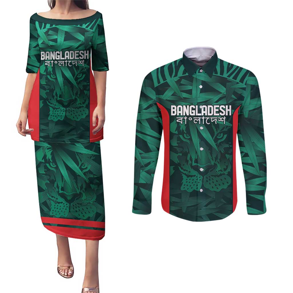 Royal Bengal Tiger Bangladesh Cricket Custom Couples Matching Puletasi and Long Sleeve Button Shirt The Red and Green Version