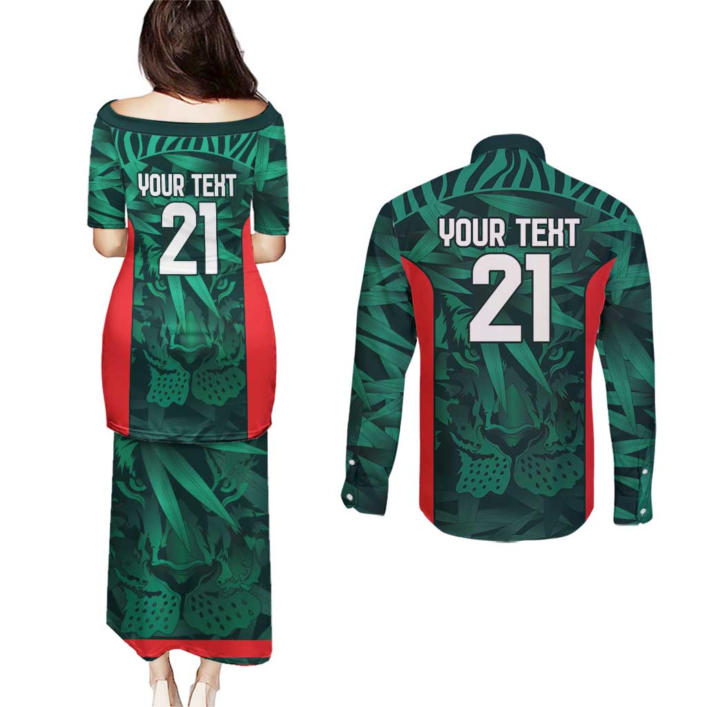 Royal Bengal Tiger Bangladesh Cricket Custom Couples Matching Puletasi and Long Sleeve Button Shirt The Red and Green Version