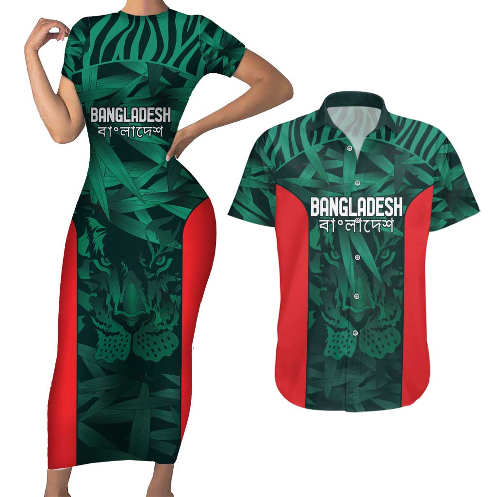 Royal Bengal Tiger Bangladesh Cricket Custom Couples Matching Short Sleeve Bodycon Dress and Hawaiian Shirt The Red and Green Version