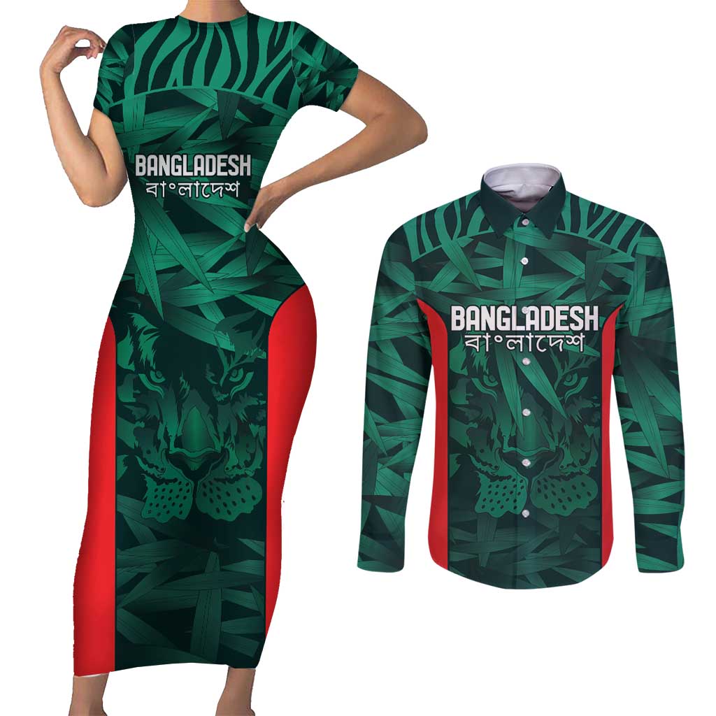 Royal Bengal Tiger Bangladesh Cricket Custom Couples Matching Short Sleeve Bodycon Dress and Long Sleeve Button Shirt The Red and Green Version